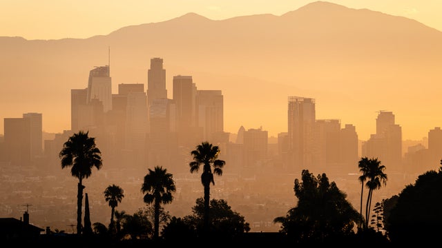 Silhouette of palm trees in front of a hazy city skyline and mountain backdrop at sunset, Los Angeles, California, USA 
