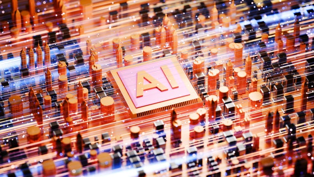 AI Chip Over City Skyline with Data Streams - Artificial Intelligence Concept 