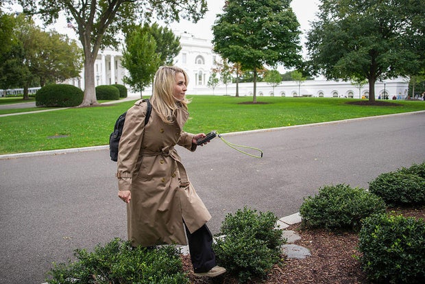 CNN senior reporter Betsy Klein walks to the press area on the North Lawn of the White House after being allowed back on the grounds on Sept. 24, 2026. 