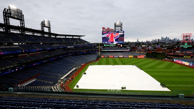 Tarp covering the field at Citizens Bank Park on a rainy day 