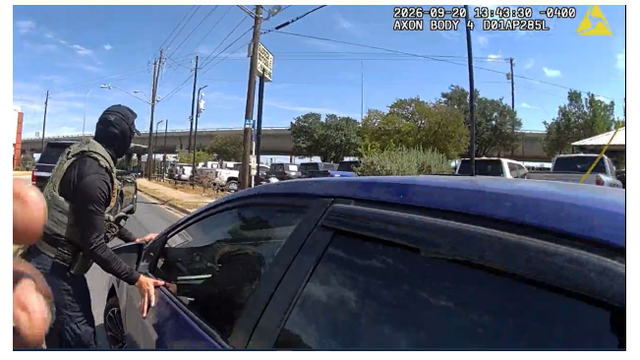 An image from a body camera showing the traffic stop that preceded the shooting of Wilber Rafael Garces Perez. 