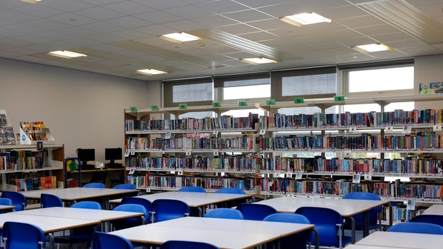 Empty secondary school library. 