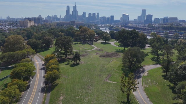 Drone image of Lemon Hill, art museum and Philadelphia skyline in the background 