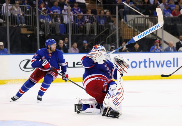 Igor Shesterkin #31 of the New York Rangers scores the first goalie goal in Rangers history against the Tampa Bay Lightning at Madison Square Garden on October 01, 2026 in New York City.