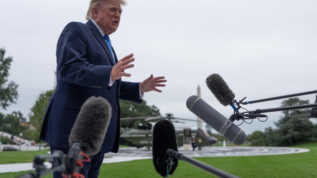 President Trump speaks to the media before departing the South Lawn of the White House on Oct. 3, 2026 in Washington, D.C. 