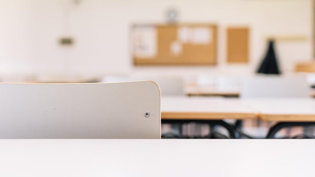 School table in a classroom in a school. 