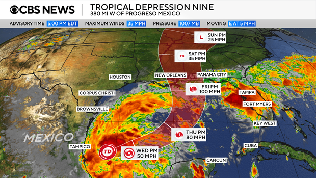 A map shows the projected path of Tropical Depression Nine.