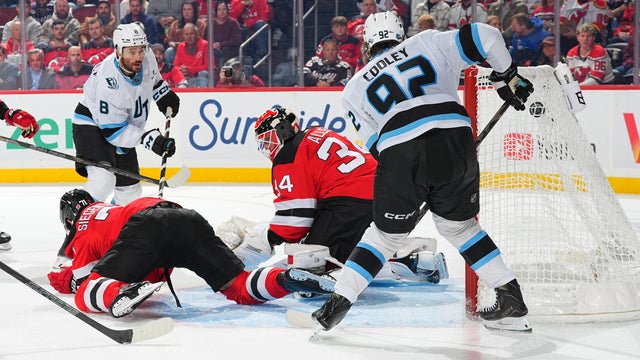 Nick Schmaltz #8 of the Utah Mammoth shoots and scores during the second period of the game against the New Jersey Devils on October 6, 2026 at the Prudential Center in Newark, New Jersey. 