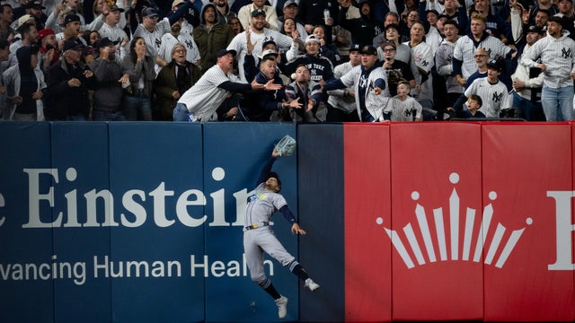 ictor Mesa Jr. #25 of the Tampa Bay Rays attempts to catch a fly ball during Game Three of the American League Division Series presented by Booking.com between the Tampa Bay Rays and the New York Yankees at Yankee Stadium on Wednesday, October 7, 2026 in New York, New York. 