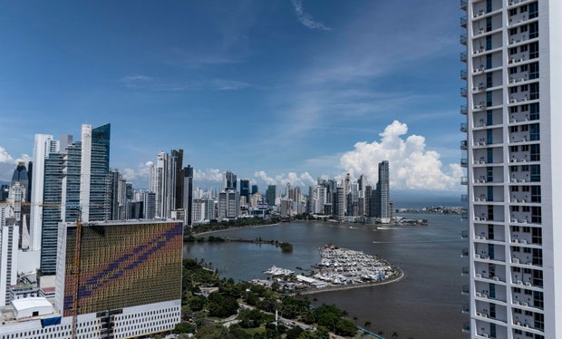 This aerial view shows Panama Bay after a severe earthquake hit the country, in Panama City on Oct. 9, 2026.