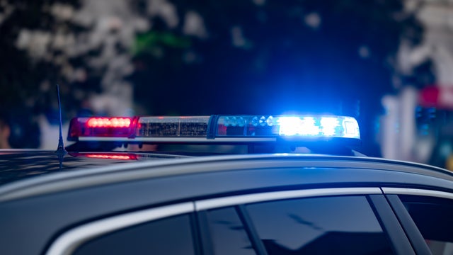 A detailed shot displays the roof of a police car with active blue and red emergency light bars during an intervention in the city. The modern vehicle stands in the streets, while the blurred background with buildings and trees adds dynamic atmosphere. 