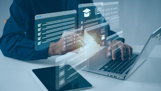 Interactive elearning platform displayed on laptop and tablet, featuring digital courses, online training, virtual classrooms, knowledge management, educational technology and professional skills development 