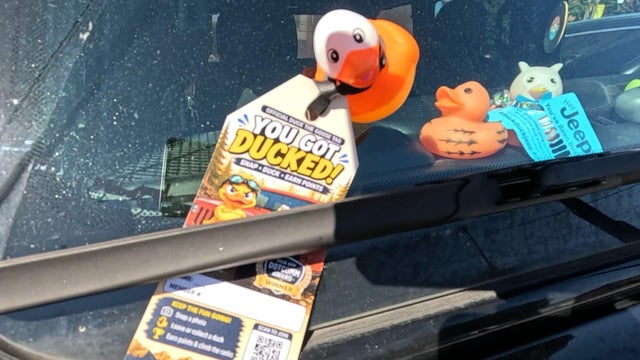 A Jeep windshield had a rubber duck and a tag that says "you got ducked" 