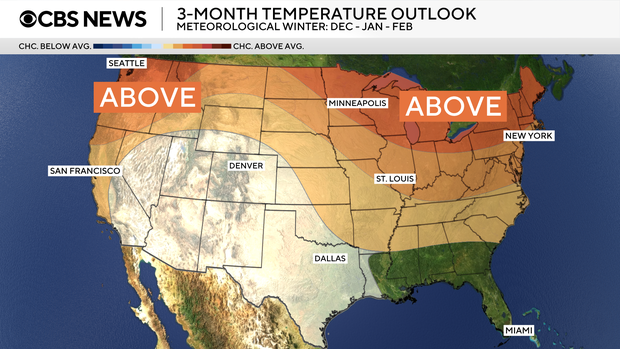 Winter temperatures mapped for the contiguous U.S., according to NOAA's predictions. CBS News