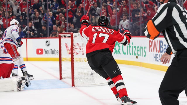 Evan Rodrigues #17 of the New Jersey Devils celebrates after scoring a goal during a game between the New York Rangers and New Jersey Devils at Prudential Center on October 15, 2026 in Newark, New Jersey. 