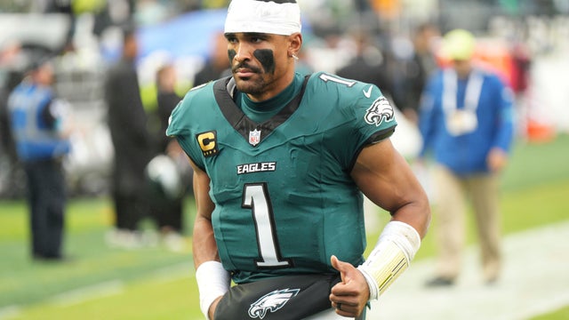 Jalen Hurts looks on during the game against the Rams in Philadelphia 