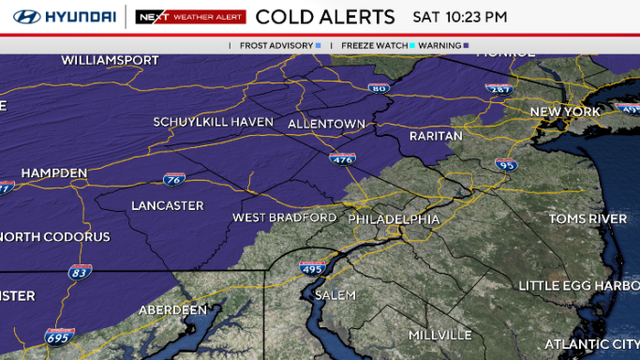Freeze warnings are in effect north and west of Philadelphia 