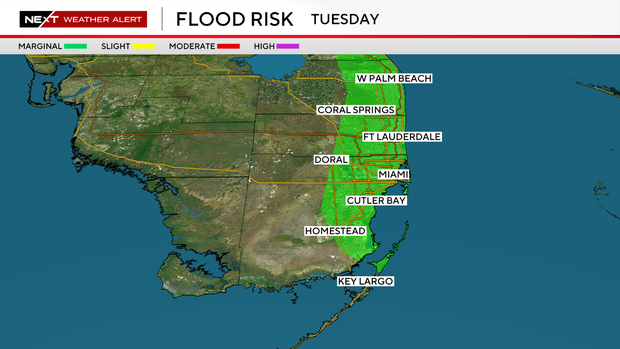 This graphic shows the street flooding risk in South Florida on Tuesday, Oct. 27, 2026. CBS News Miami