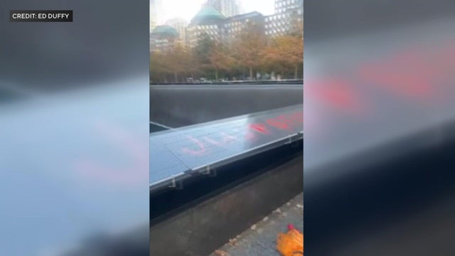 Red words spraypainted on the 9/11 Memorial 