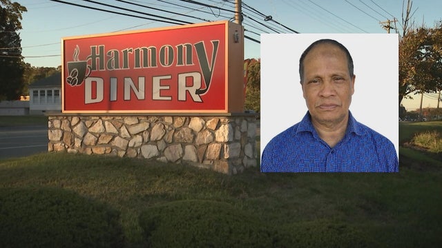 A photo of Maksudur Rahman overlaid on a photo of the Harmony Diner 