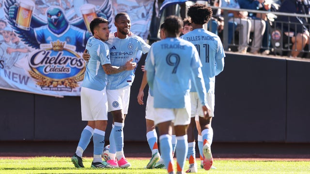 Andr&eacute;s Perea #8 of New York City Football Club and teammates celebrate his first half goal against CF Montr&eacute;al at Citi Field on October 31, 2026 in the Flushing neighborhood of the Queens borough of New York City. 