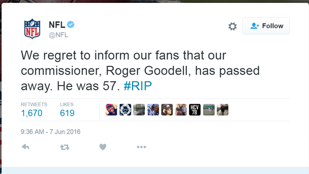 NFL Twitter Account Hacked; Hoax Tweet Said Roger Goodell Had Died - CBS  New York