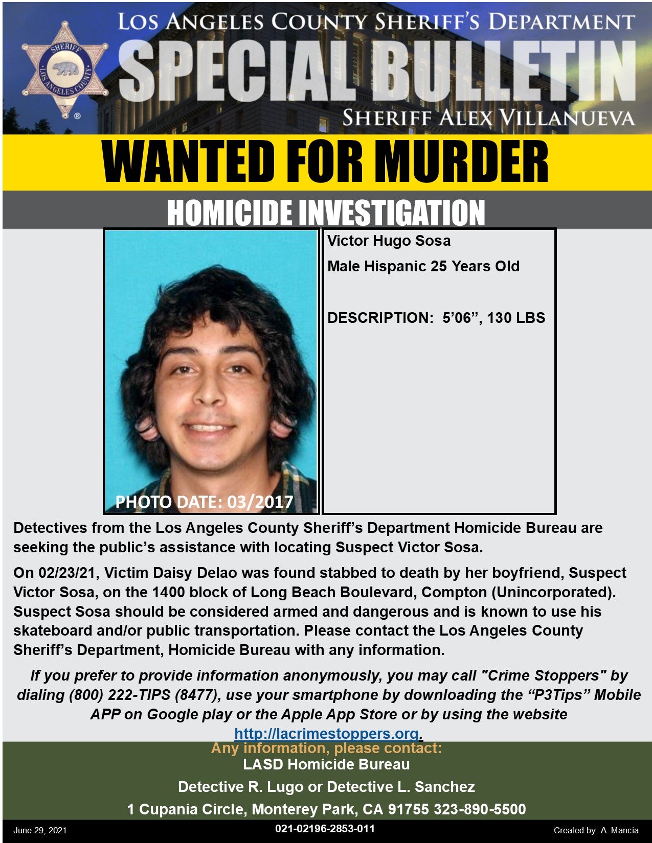 Victor Sosa Wanted In Fatal Stabbing Of 19-Year-Old Girlfriend, Daisy ...