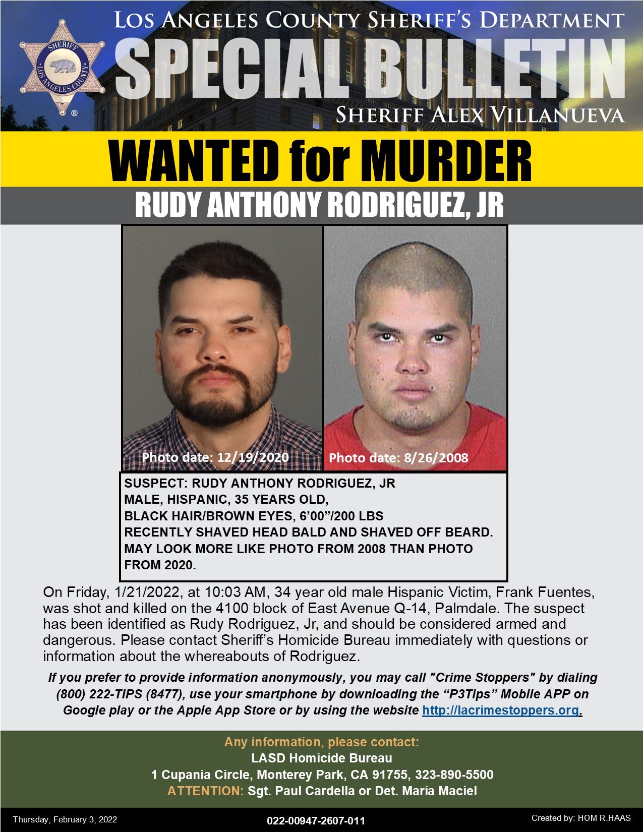 Rudy Rodriguez Jr. Wanted In Murder Of Palmdale Man Considered Armed ...