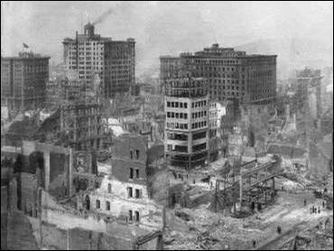 Ruins after the 1906 San Francisco Earthquake and Fire. Three surviving structures in the Financial District are: at far left, the Kohl Building, in the center the Mills Building, both on Montgomery St., and at right the Merchants' Exchange Building on California Street. (sfmuseum.org)