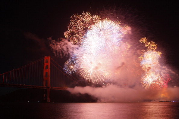 Fireworks illuminate the Golden Gate Bridge...
