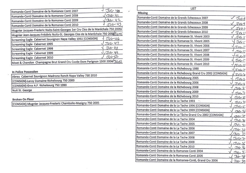 An inventory of the wine stolen from the French Laundry in Yountville (Napa County Sheriff) 