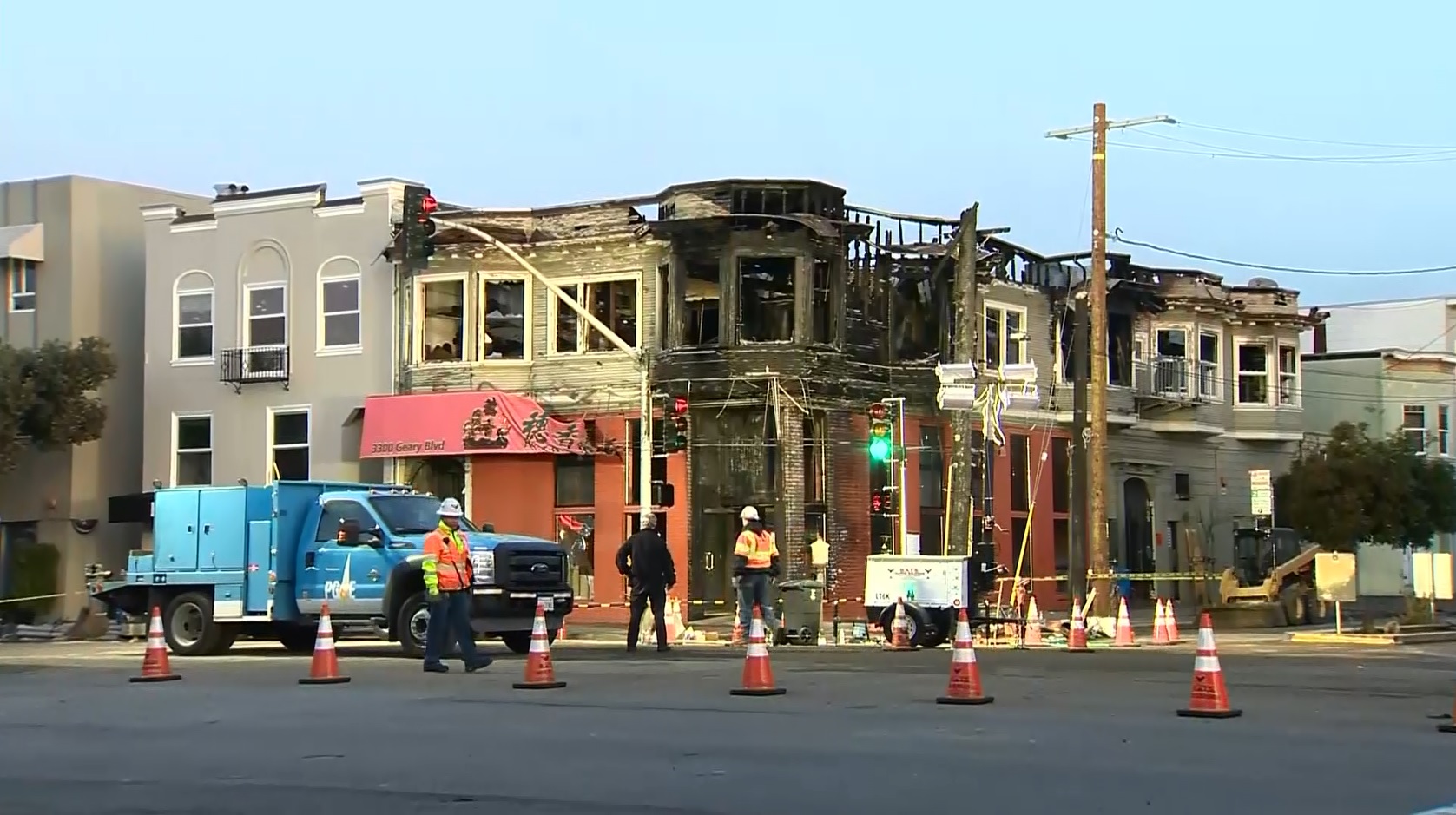Crews on the scene of Geary Boulevard and Parker Avenue in San Francisco on February 7, 2019, the day after a major natural gas line explosion in the area. (CBS)