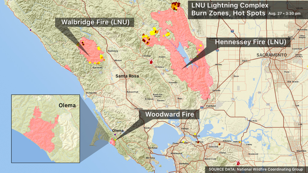 Aug. 27 LNU Lightning Complex Burn Zones Map