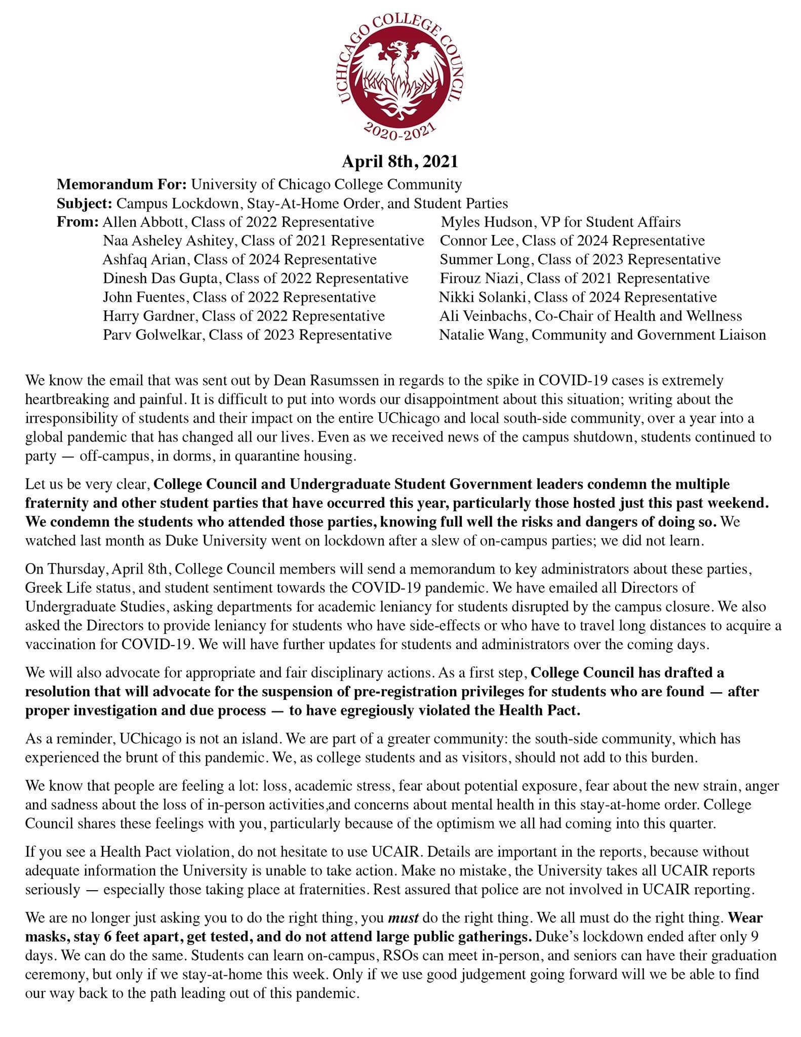 University of Chicago Student Government Letter on COVID