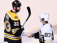 Zdeno Chara and Sidney Crosby shake hands after the Bruins won the Eastern Conference finals. (Photo by Alex Trautwig/Getty Images) 
