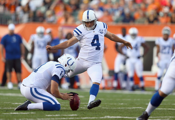 Adam Vinatieri #4 of the Indianapolis Colts kicks a field goal during the preaseason game against the Cincinnati Bengals at Paul Brown Stadium on August 29, 2013 in Cincinnati, Ohio.  (Photo by Andy Lyons/Getty Images)