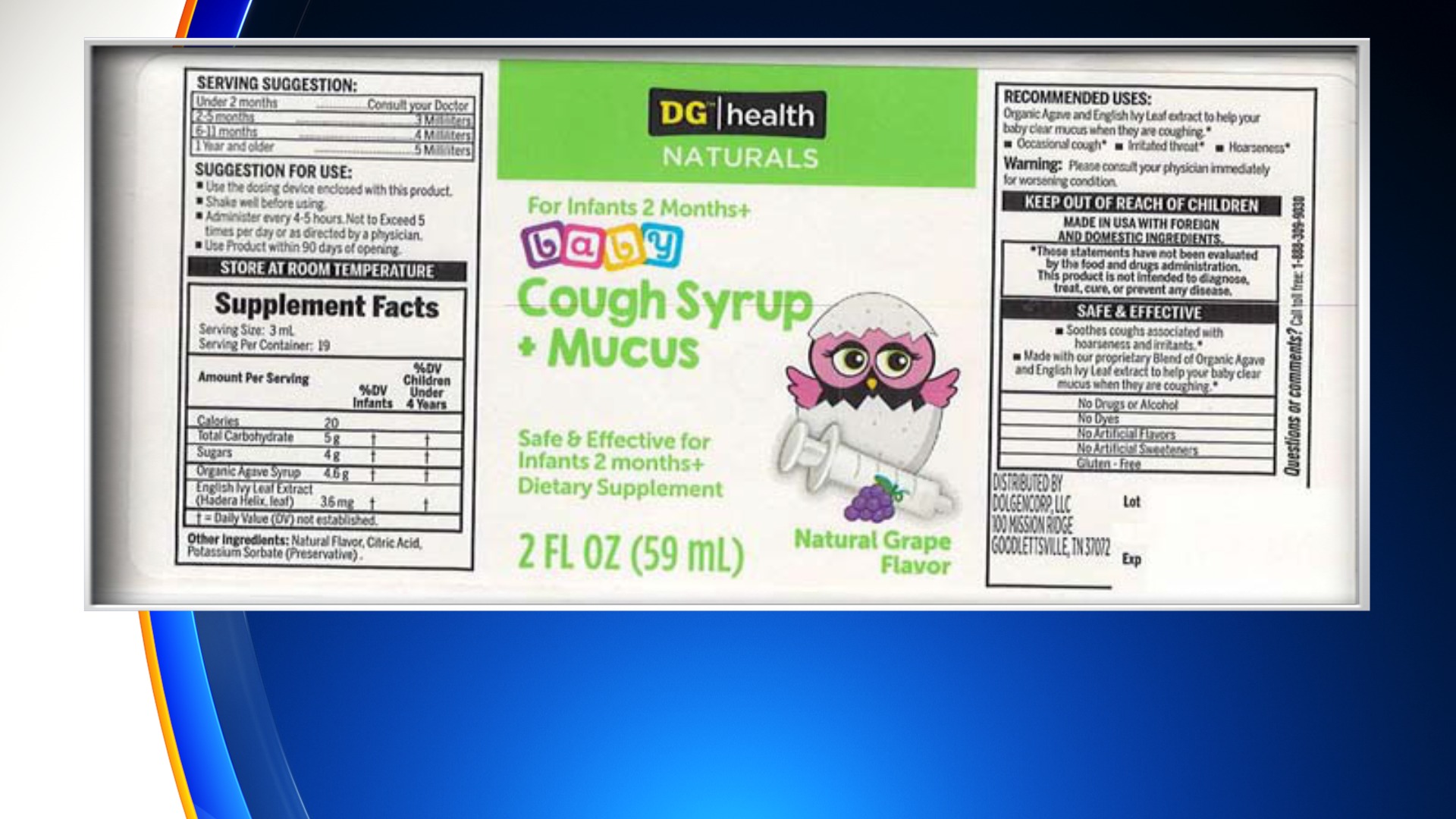 DG™/health NATURALS baby Cough Syrup + Mucus recall