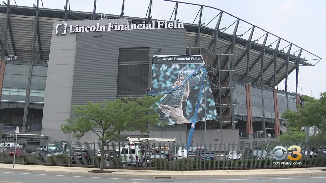 Banner Of Nick Foles Hoisting Lombardi Trophy Replaces Carson Wentz At  Lincoln Financial Field - CBS Philadelphia