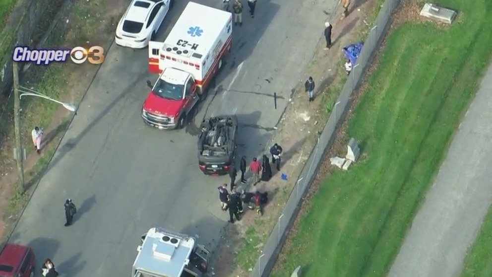 Car Lands On Roof After Accident In West Philadelphia