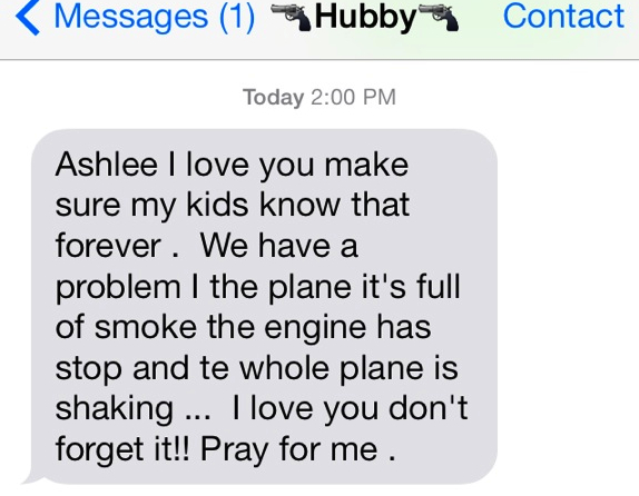 Screen shot of text messages sent from Spirit Flight 165 passenger in midst of emergency landing on flight from DFW to ATL. (credit: Casey Rogers)