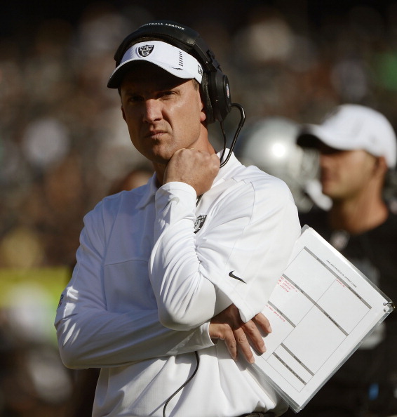 OAKLAND, CA - AUGUST 25: Head Coach Dennis Allen of the Oakland Raiders looks on while the officials review a call against the Detroit Lions in the second quarter of an NFL pre-season football game at O.co Coliseum on August 25, 2012 in Oakland, California. (Photo by Thearon W. Henderson/Getty Images)