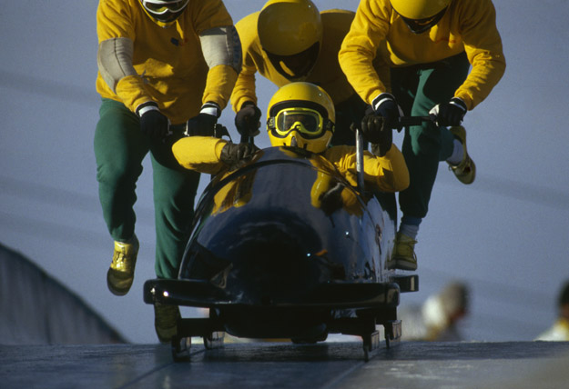 CALGARY - FEBRUARY 25: The Jamaican four man bobsleigh team in action at the 1988 Calgary Winter Olympic Games held on February 25, 1988 in Calgary, Canada.