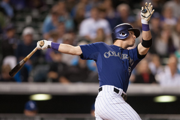 DENVER, CO - SEPTEMBER 15:  Corey Dickerson #6 of the Colorado Rockies hits a fifth-inning RBI single against the Los Angeles Dodgers during a game at Coors Field on September 15, 2014 in Denver, Colorado.