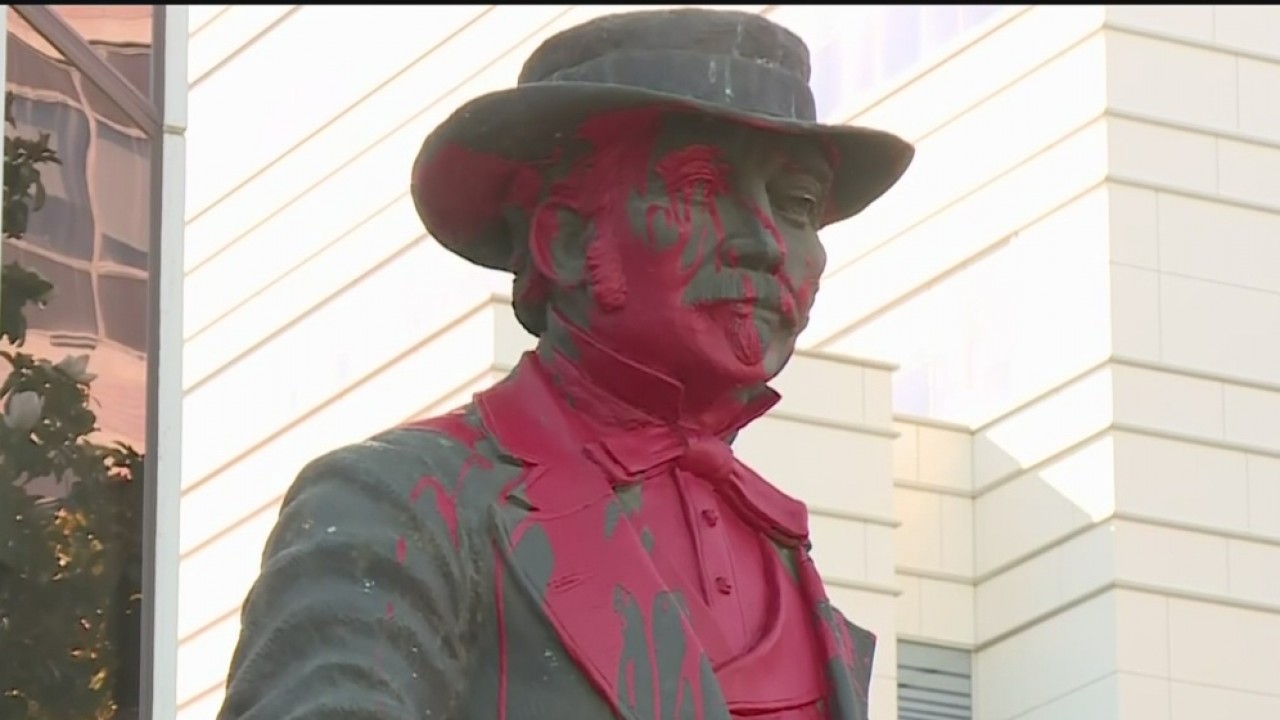 John Sutter Statue In Sacramento Splashed With Red Paint - Sacramento