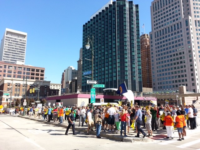Protesters rallied outside Donald Trump's economic talk in Detroit Monday. (Photo: Jon Hewett/WWJ) 