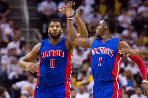 Andre Drummond #0 celebrates with Reggie Jackson #1 of the Detroit Pistons during the second half of the NBA Eastern Conference quarterfinals against the Cleveland Cavaliers at Quicken Loans Arena on April 17, 2016 in Cleveland, Ohio. The Cavaliers defeated the Pistons 106-101.