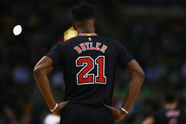 Jimmy Butler #21 of the Chicago Bulls looks on during the first quarter against the Boston Celtics at TD Garden on January 22, 2016 in Boston, Massachusetts.