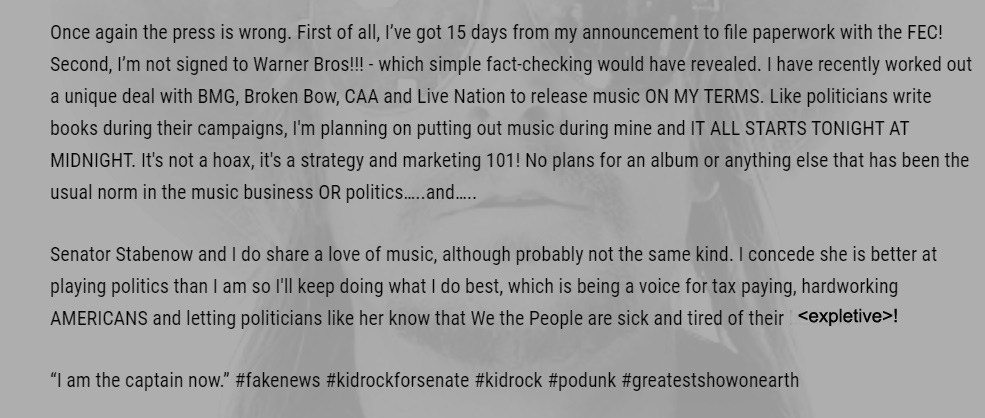 kid rock release expletive More Senate Run Talk From Kid Rock On Social Media; Speculation On Publicity Stunt Grows
