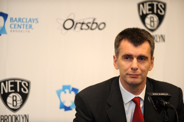 NEW YORK, NY - NOVEMBER 3: Owner Mikhail Prokhorov of the Brooklyn Nets speaks to the media prior to the first ever regular home season game against the Toronto Raptors at the Barclays Center on November 3, 2012 in the Brooklyn borough of New York City. 