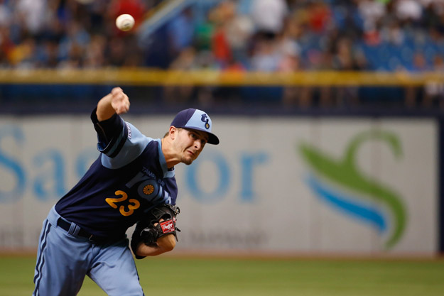 ST PETERSBURG, FL - JUNE 21:   Jake Odorizzi #23 of the Tampa Bay Rays pitches during the first inning against the Houston Astros at Tropicana Field on June 21, 2014 in St Petersburg, Florida.